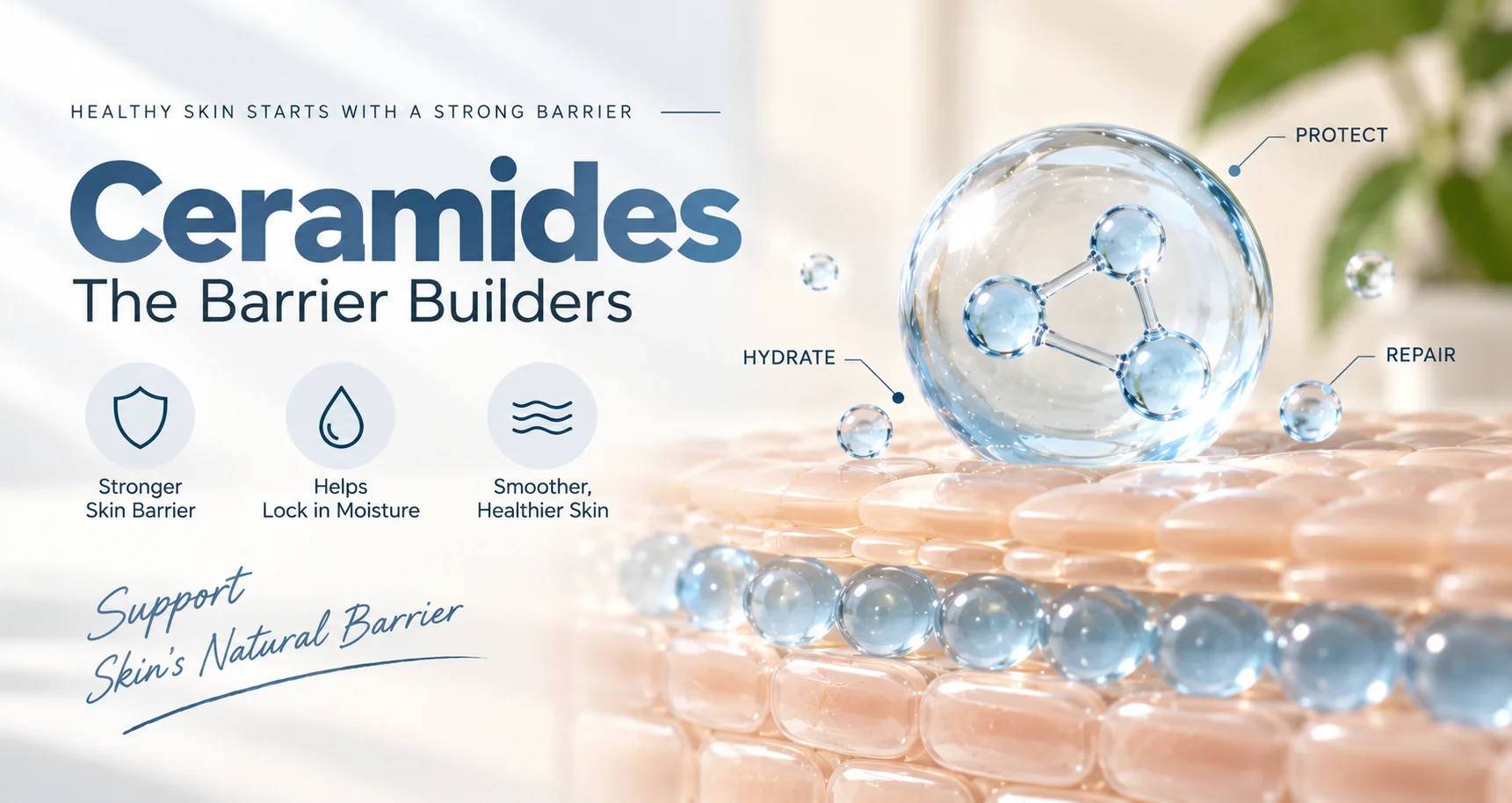 Illustration of ceramides showing hydration, protection, and repair for the skin barrier, with text explaining benefits such as a stronger skin barrier, locking in moisture, and smoother, healthier skin.